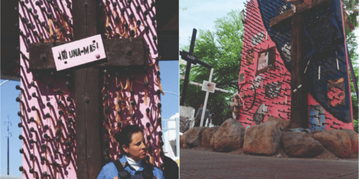 Decenas de mujeres acudieron al Internacional Paso del Norte, donde se encuentra la Cruz de Calvos, un monumento de protesta que recuerda los feminicidios cometidos en Juárez, y sobre él colocaron un ramo de flores y amarraron en los clavos de la cruz. X -TWITTER-/ @INEHRM